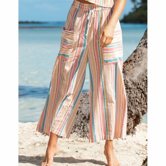 NWT Roxy Drifting Shorelines Striped Wide Leg Crop Trouser Linen Pants - Picture 1 of 10